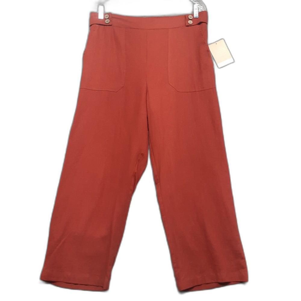 Calligraphie Women Rust Orange Linen Blend Straight Leg Pull On Pants Size L NWT